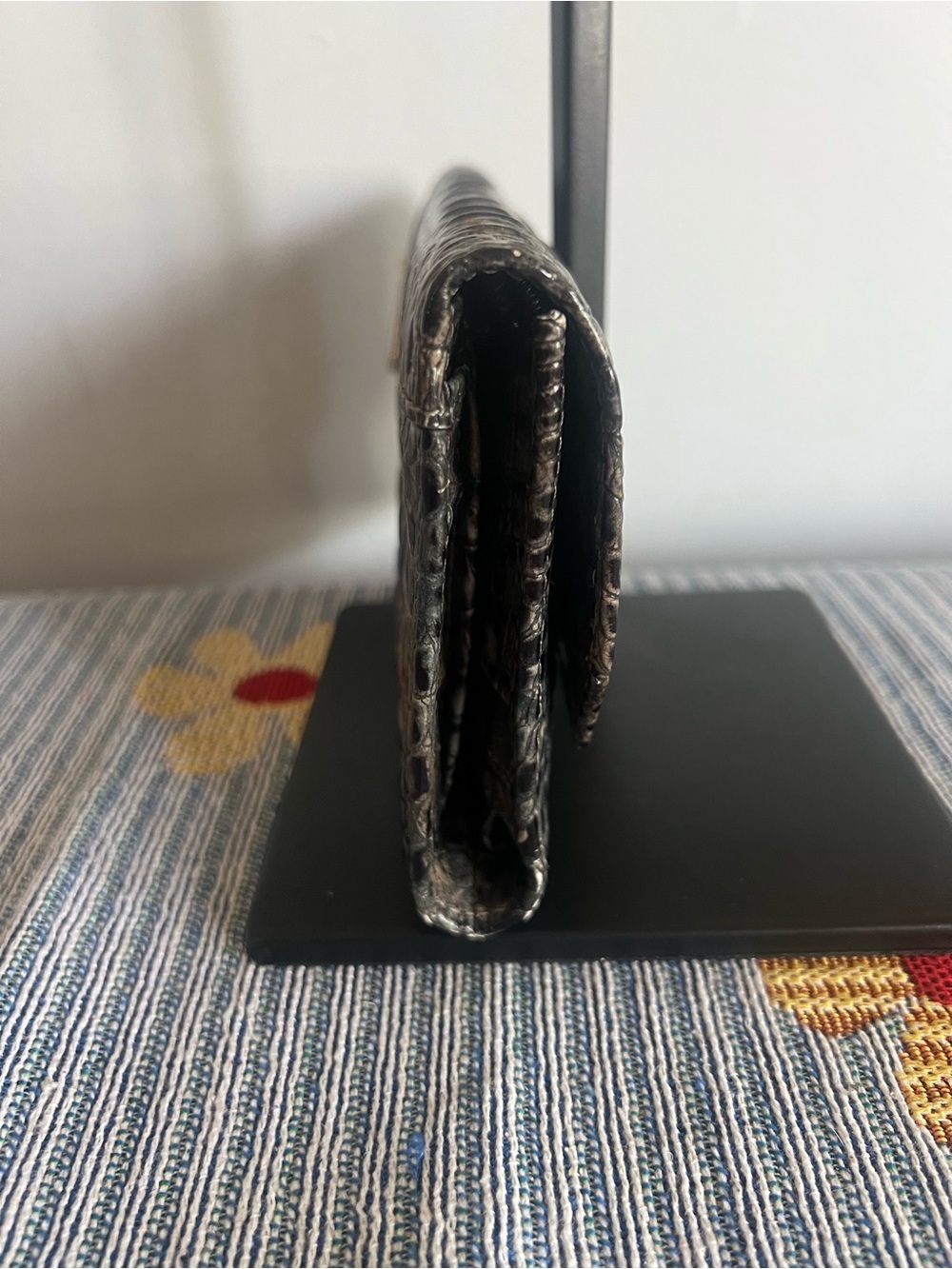 Brahmin Teal and Black Croc-Embossed Fold-Over Clutch - Picture 3 of 8